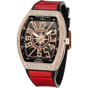 Men Women Rosegold Red Hip Hop Fashion Stainless Steel Quartz Analog Watch